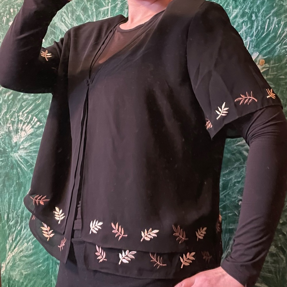 Studio I Sheer Short Sleeve Black Blazer with Embroidered Leaves